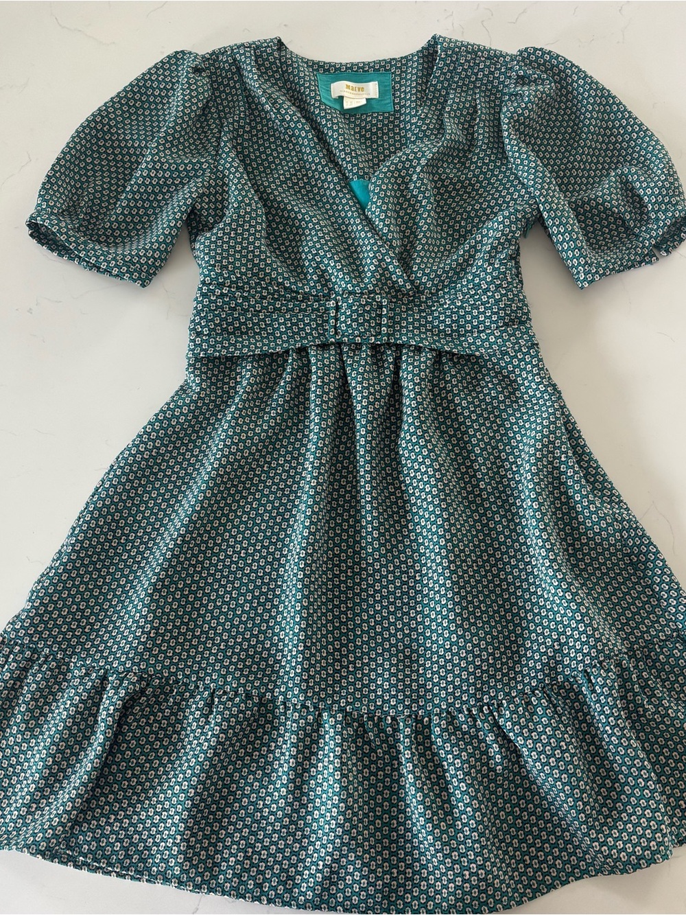 Anthropologie Maeve Teal and Cream Geometric Print Dress